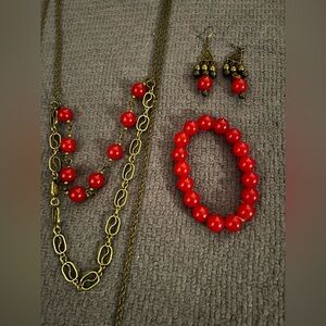 Red agate w/ brass SET of necklace/bracelet/earrings handmade